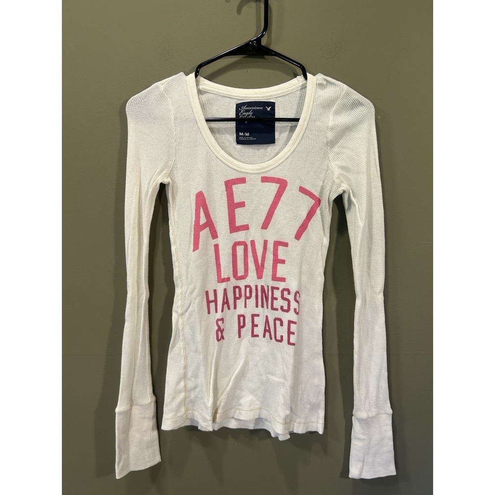 AE American Eagle Y2K Womens Graphic Thermal Long Sleeve Top White Sz Medium